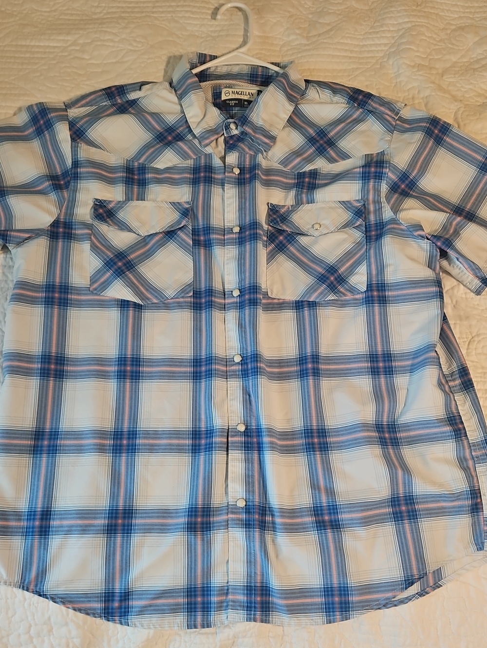 Magellan Outdoors Blue and White Plaid Short-Sleeve Button-Down Shirt